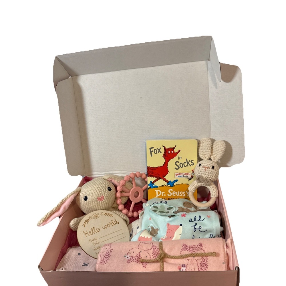 Gift Ready Fox Themed Baby Girl Shower Basket, Fox Book, Lovey, Clothes, Blanket